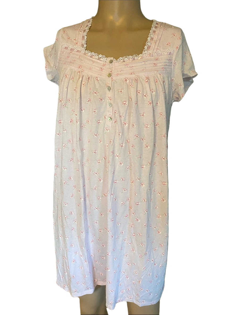 Eileen West Pale Pink Floral Cotton blend knit Nightgown with Lace Trim